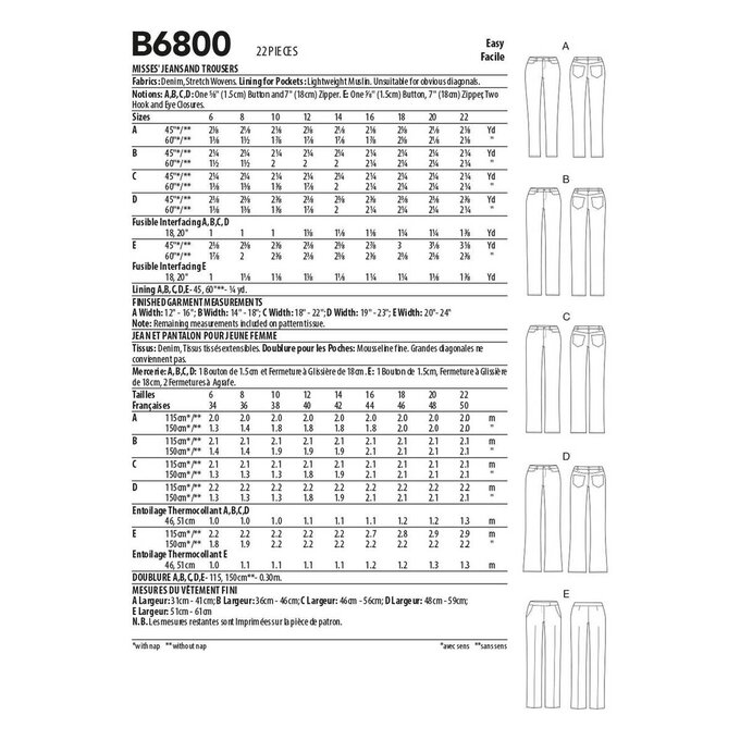 Butterick Jeans and Trousers Sewing Pattern B6800 (6-14) image number 2