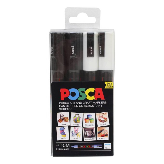 Uni-ball Black and White Posca Marker Pens PC 5M 4 Pack
